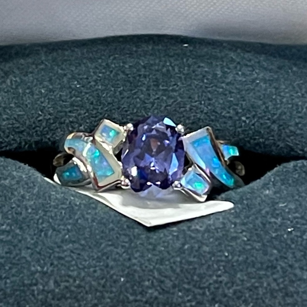 Amethyst blue opal sterling silver sz 8 ring